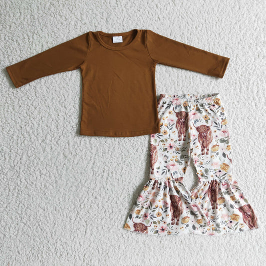 Girls Brown Outfits Long Sleeves Cow Floral Pants