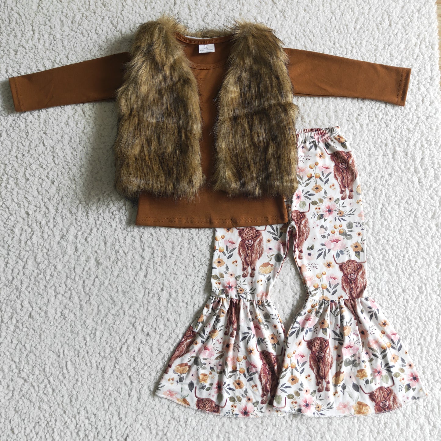 Girls Brown Cow Vest Outfits Long Sleeves Pants 3pcs