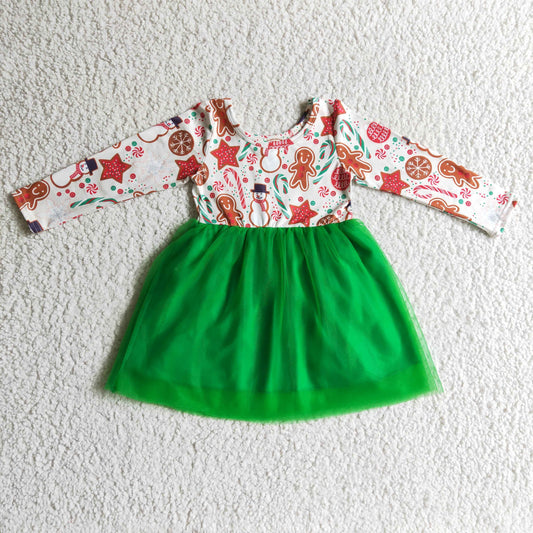 GLD0133 Girls Christmas Green Tulle Dress Long Sleeves