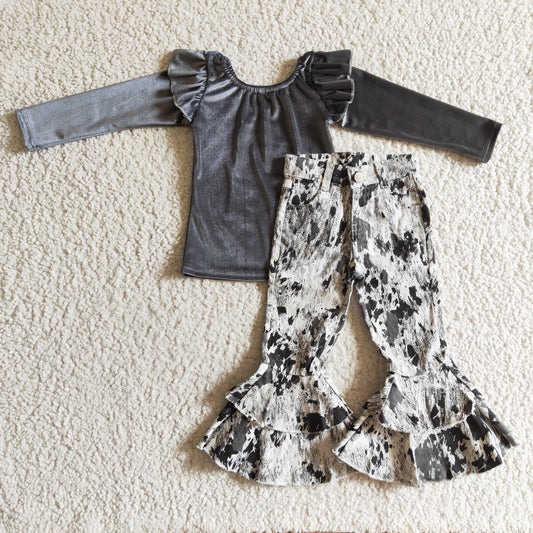 Girls Gray Velvet Outfits Long Sleeves Cow Jeans