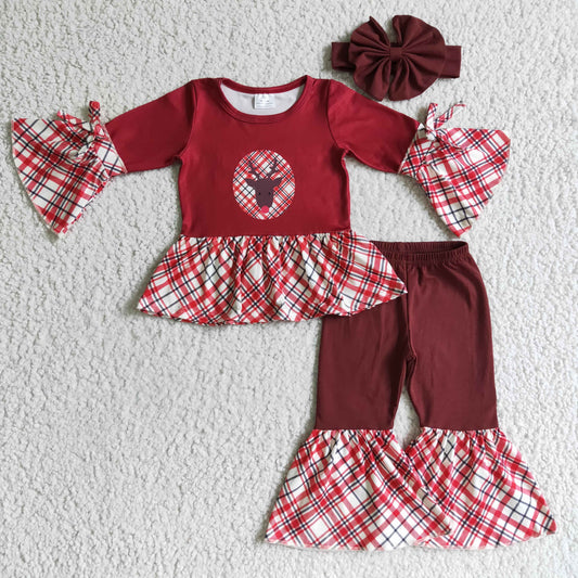 Girls Christmas Deer Outfits Long Sleeves Red Pants