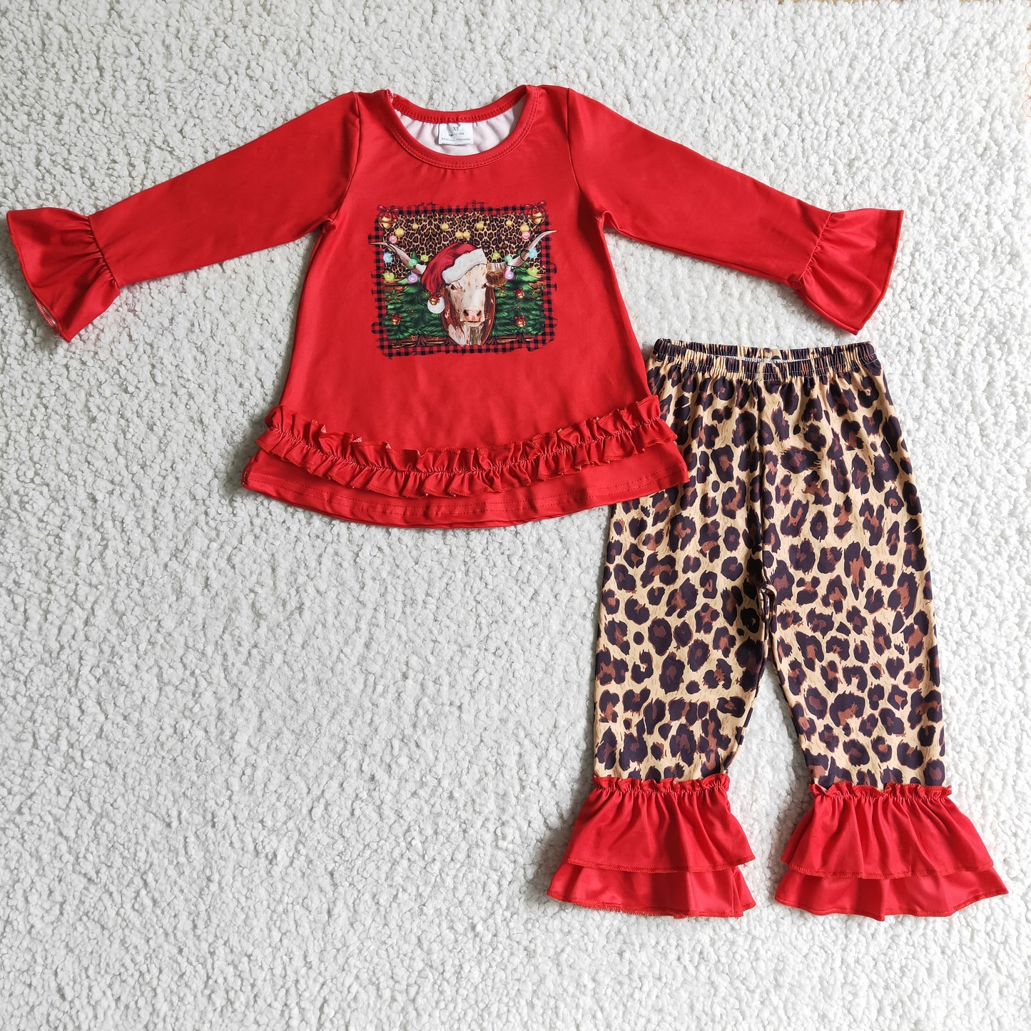 Girls Christmas Cow Outfits Long Sleeves Leopard Pants