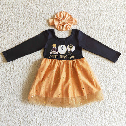 GLD0138 Girls Happy New Year Tulle Dress Long Sleeves