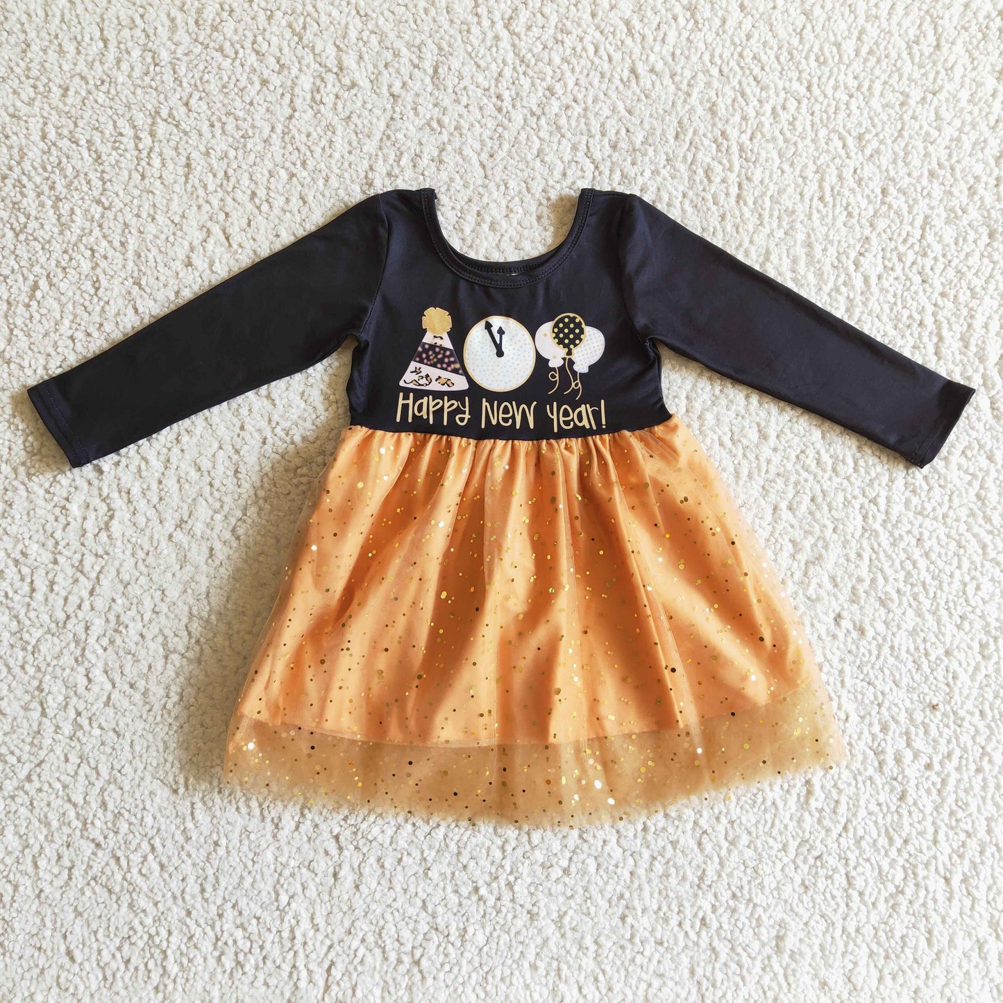 GLD0138 Girls Happy New Year Tulle Dress Long Sleeves