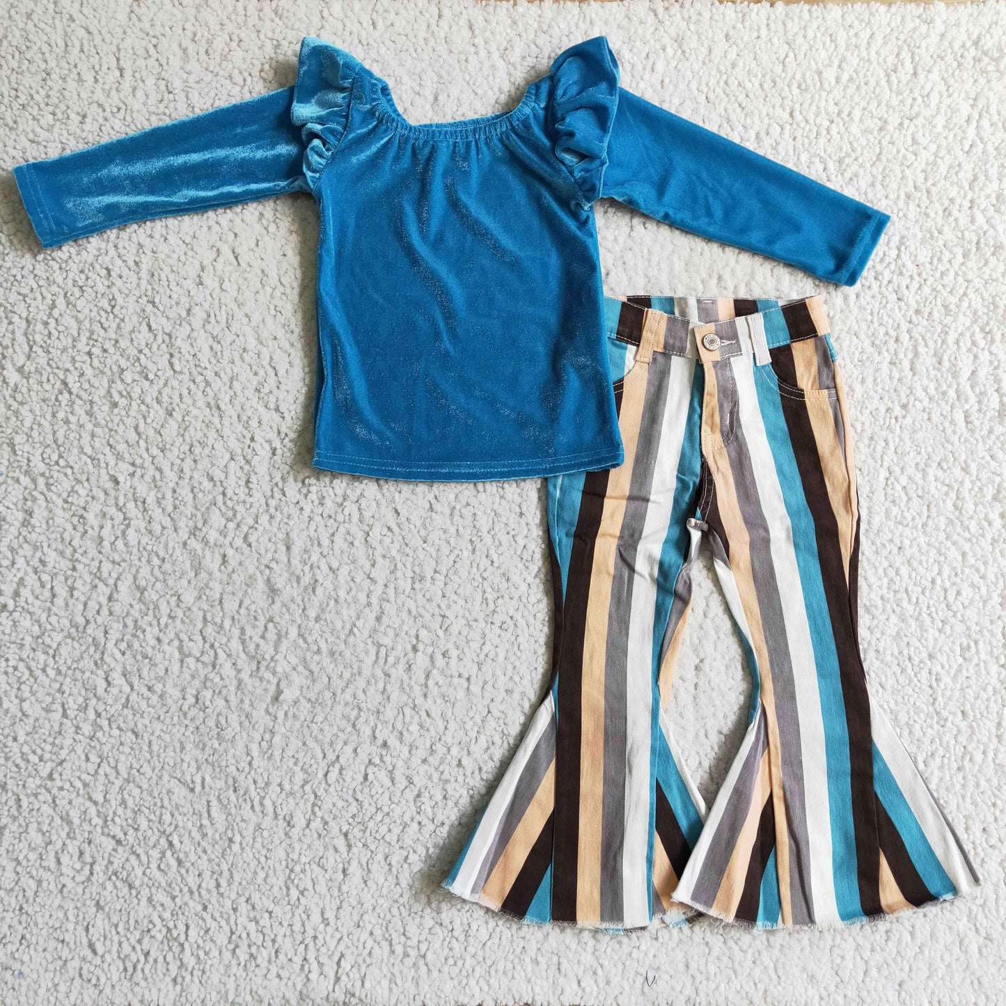 Girls Blue Velvet Outfits Long Sleeves Stripe Jeans