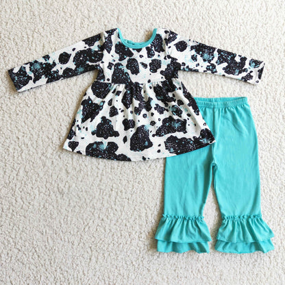 Girls Black Bow Outfits Print Ruffled Pants