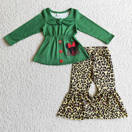 Girls Christmas Leopard Outfits Long Sleeves