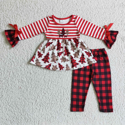 Girls Christmas Tree Outfits Long Sleeves Plaid Pants