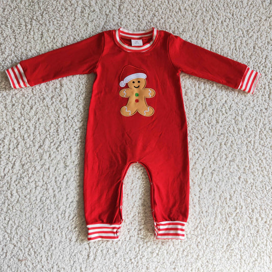 Boys Embroidery Christmas Gingerbread Red Rompers