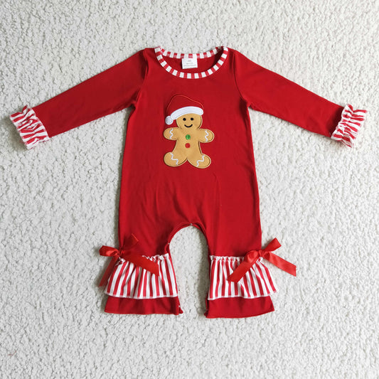 Girls Embroidery Christmas Gingerbread Red Rompers