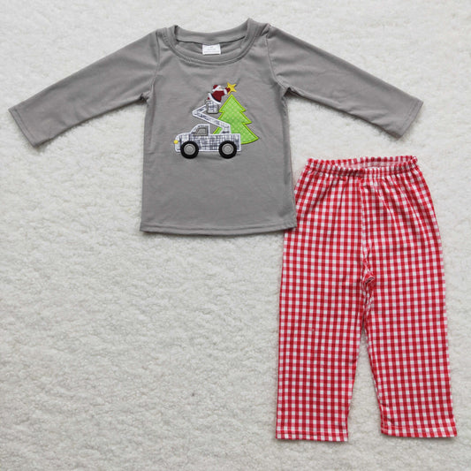 BLP0135 Boys Embroidery Christmas Tree Outfits Long Sleeves Red Pants