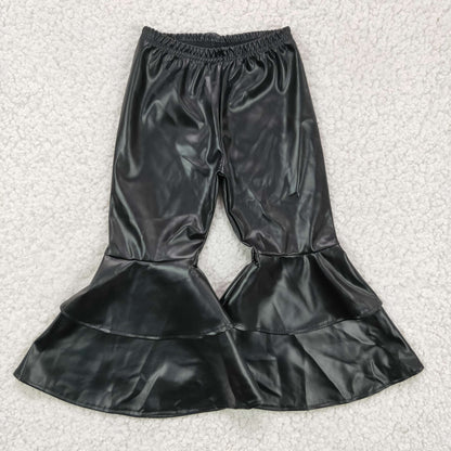 Girls Black Bell Bottom Leather Pants