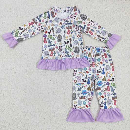 Girls Cartoon Purple Pajamas Long Sleeves Pants