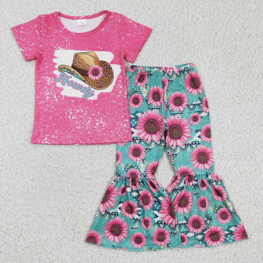 Girls Howdy Floral Outfits Short Sleeves Bell Bottom Pants