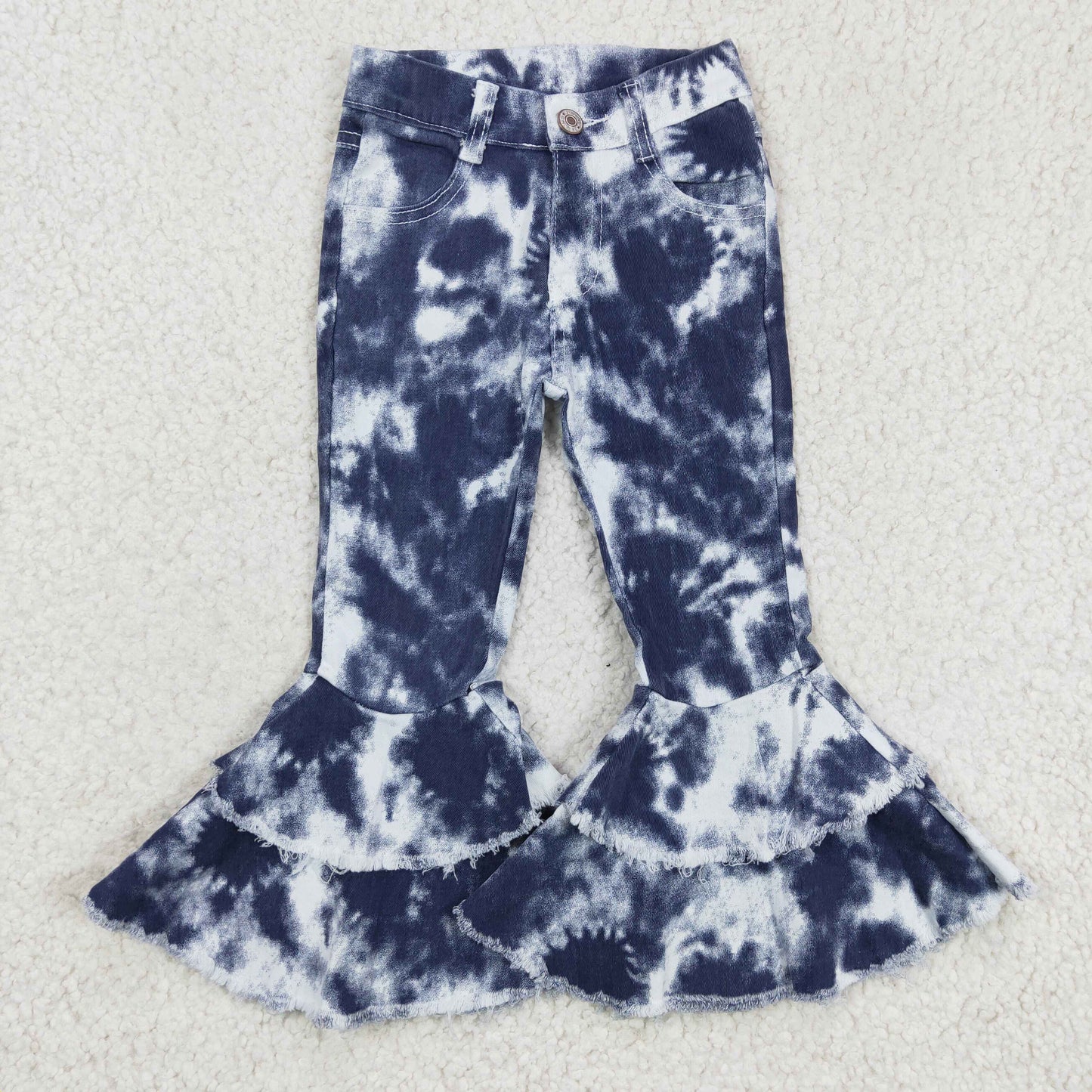 Girls Tie-dye Blue Jeans Double Ruffles Bell Bottom Pants