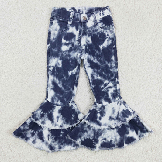 Girls Tie-dye Blue Jeans Double Ruffles Bell Bottom Pants