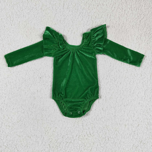 Baby Velvet Rompers Green Long Sleeves