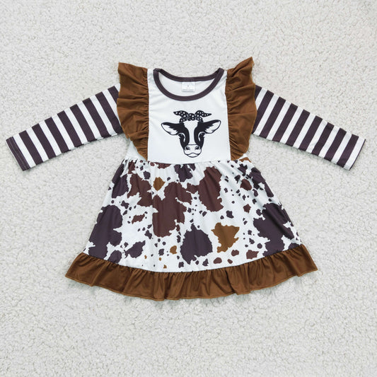 Girls Brown Cow Dress Long Sleeves