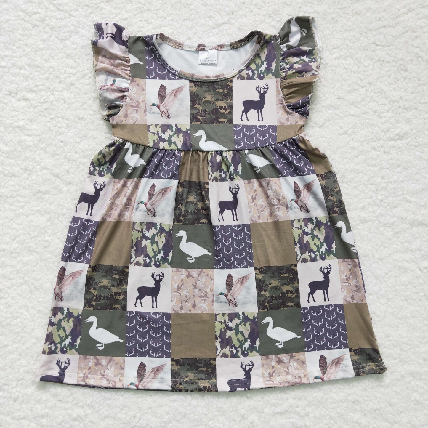 GSD0152 Girls Army Green Animals Dress Flutter Sleeves