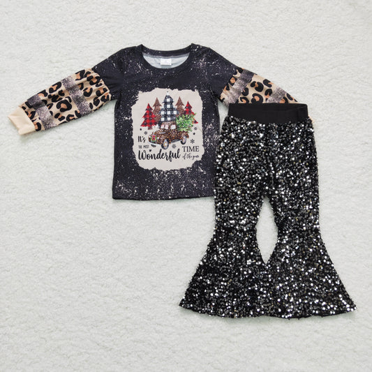 Girls Merry Christmas Outfits Black Sequined Pants