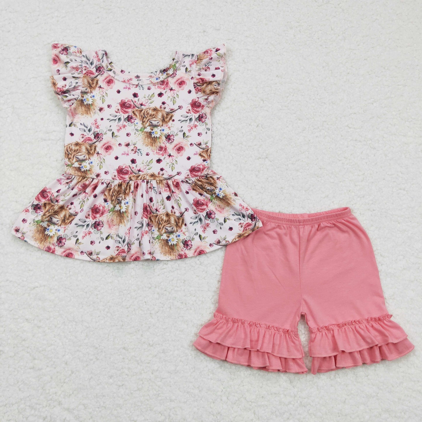 GSSO0133 Girls Cow Floral Outfits Short Sleeves Pink Shorts