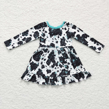 Girls Black Cow Dress Long Sleeves