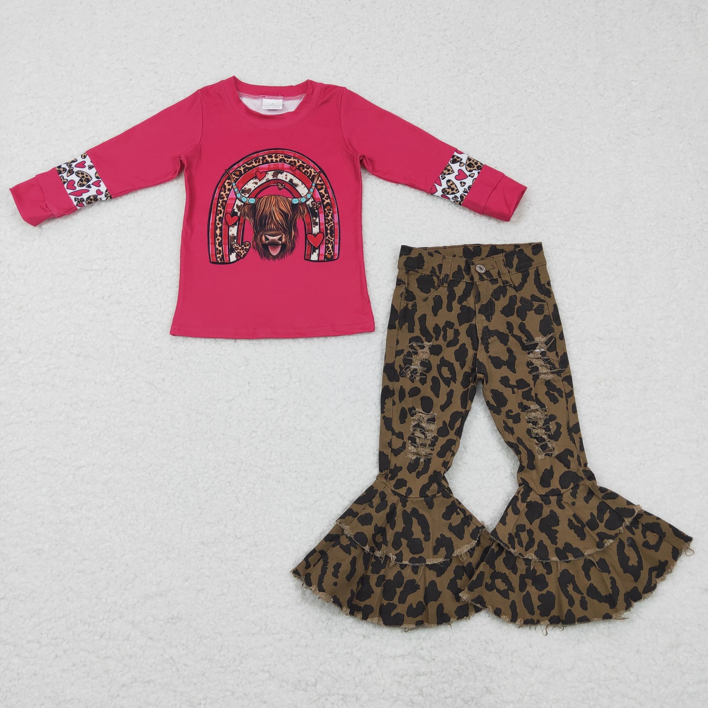 Girls Cow Outfits Long Sleeves Leopard Jeans