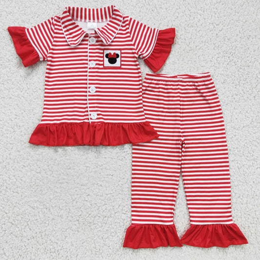 Girls Embroidery Red Stripe Pajamas