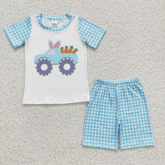 Boys Easter Bunny Outfits Short Sleeves Blue Plaid Shorts