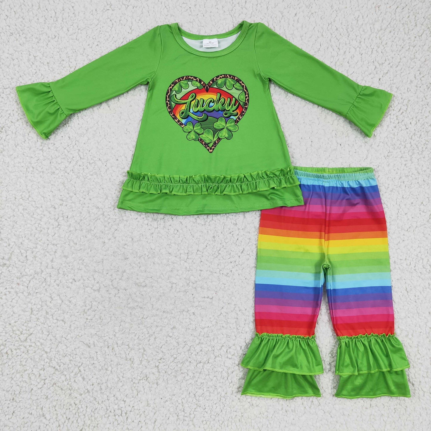 Girls Lucky Green Outfits Long Sleeves Stripe Pants