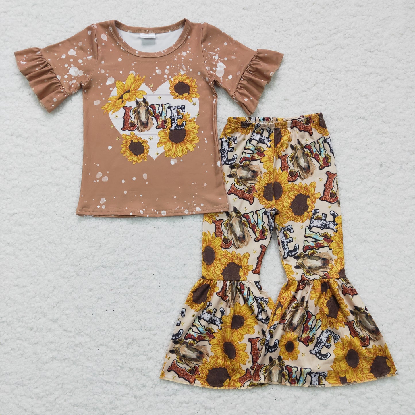 Girls Love Cow Sunflowers Outfits Short Sleeves Bell Bottom Pants