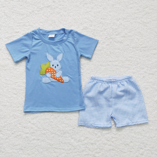 Boys Easter Bunny Embroidery Outfits Short Sleeves Blue Plaid Shorts