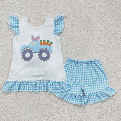 Girls Easter Carrot Outfits Short Sleeves Blue Plaid Shorts