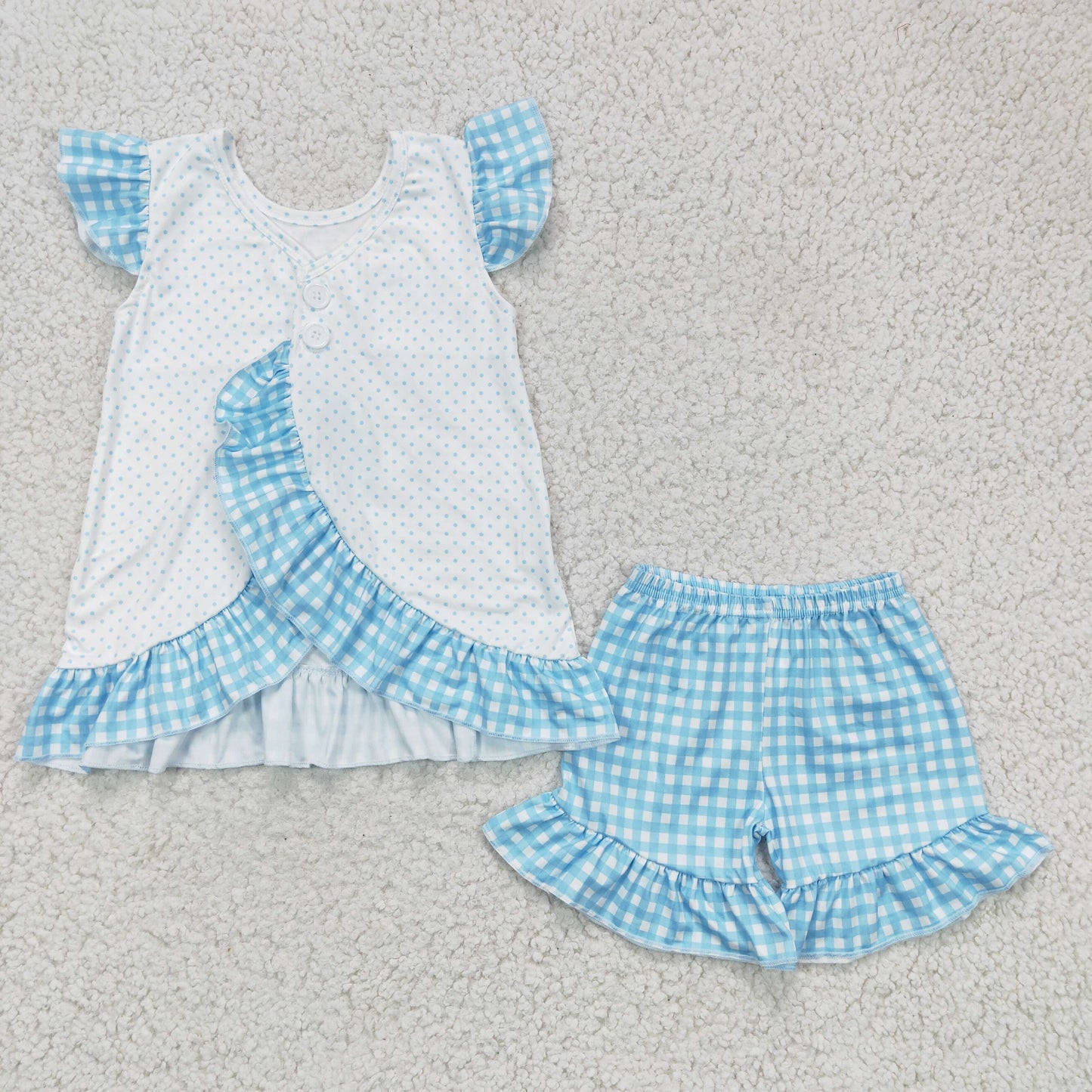 Girls Easter Carrot Outfits Short Sleeves Blue Plaid Shorts