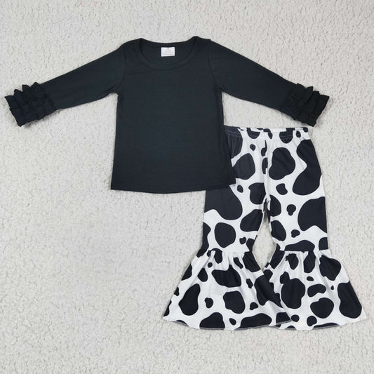 Girls Black Outfits Long Sleeves Bell Bottom Cow Pants