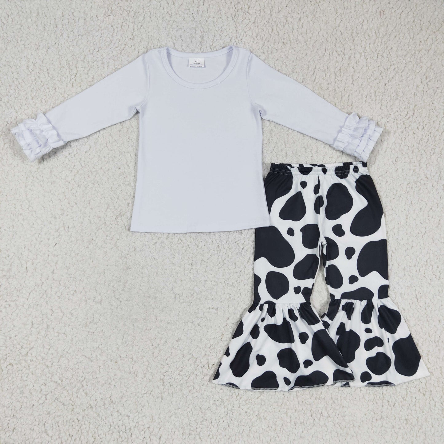 Girls White Outfits Long Sleeves Bell Bottom Cow Pants