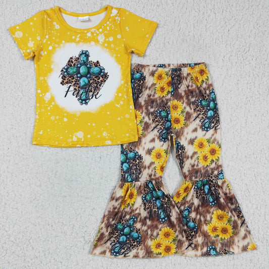 Girls Sunflowers Outfits Short Sleeves Bell Bottom Pants