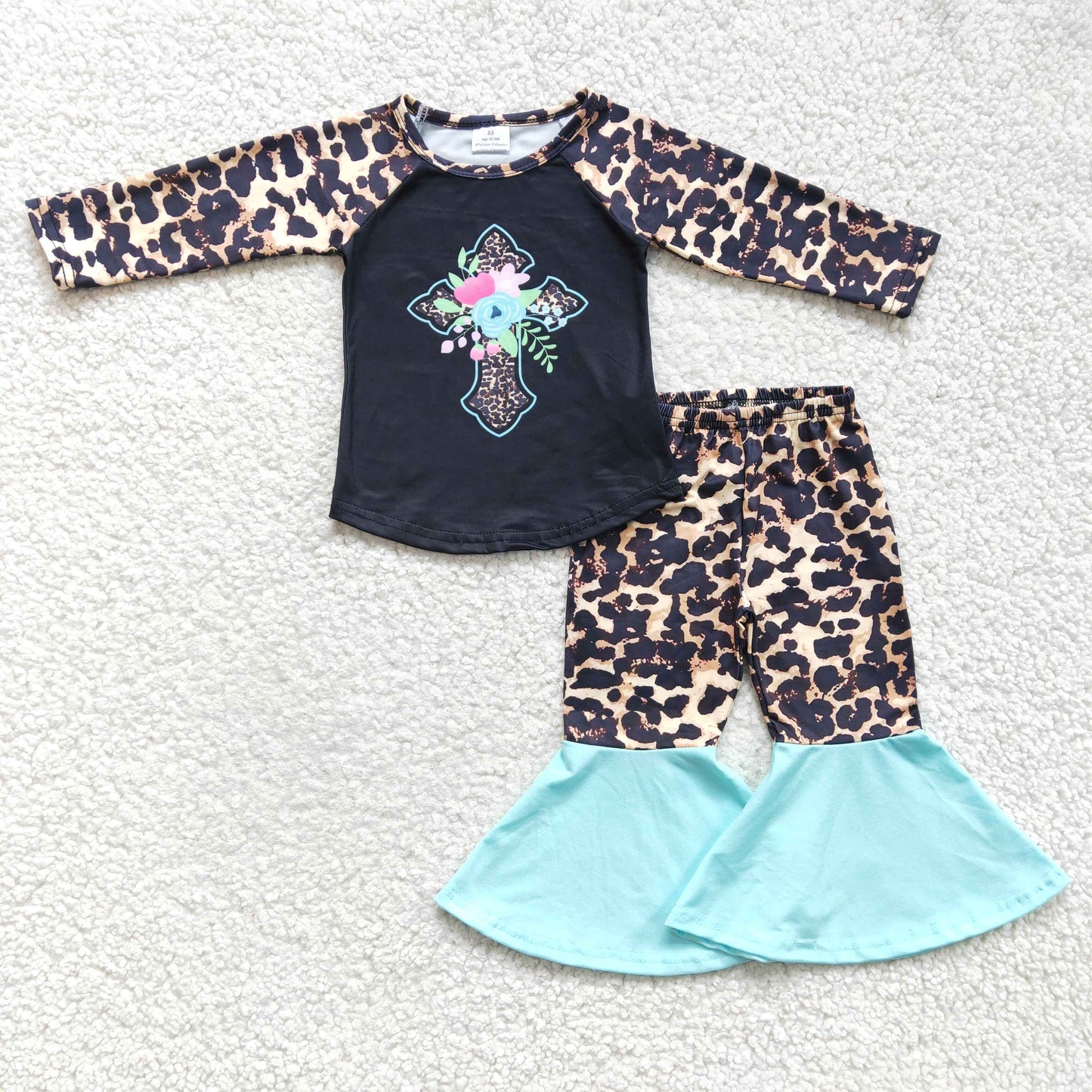 Girls Easter Cross Outfits Long Sleeves Bell Bottom Leopard Pants