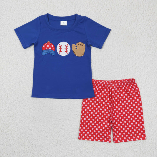 Boys Embroidery Baseball Outfits Short Sleeves Red Shorts