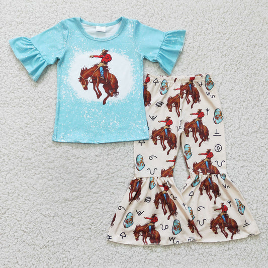 Girls Cowboy Horse Outfits Short Sleeves Bell Bottom Pants