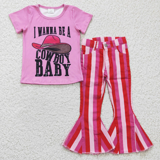 Girls Cowboy Baby Outfits Long Sleeves Pink Stripe Jeans