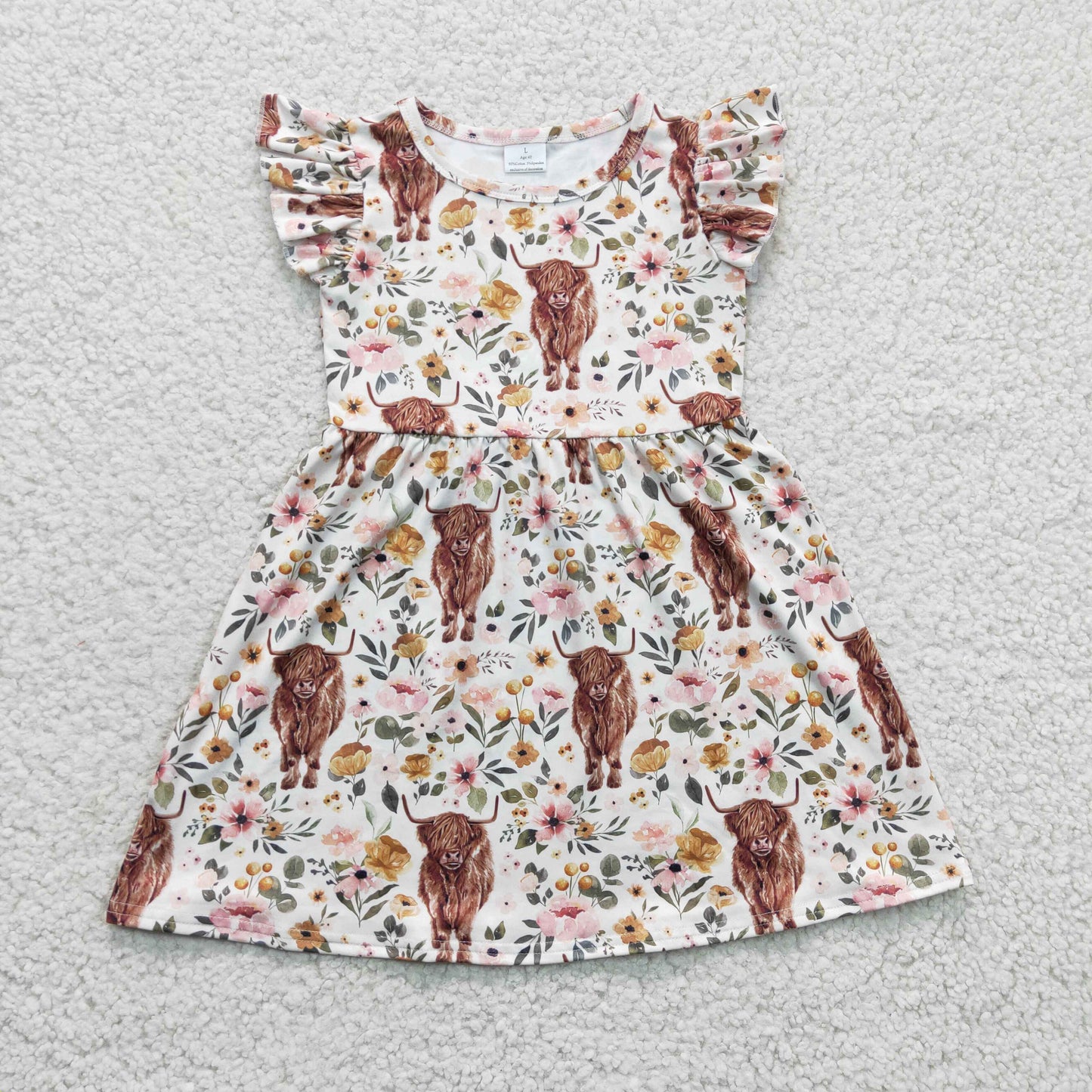 GSD0158 Girls Highland Cow Floral Dress Flutter Sleeves