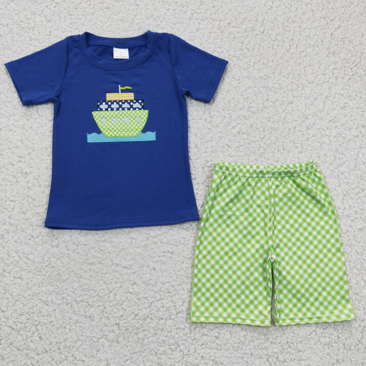 Boys Embroidery Boat Outfits Short Sleeves Green Shorts