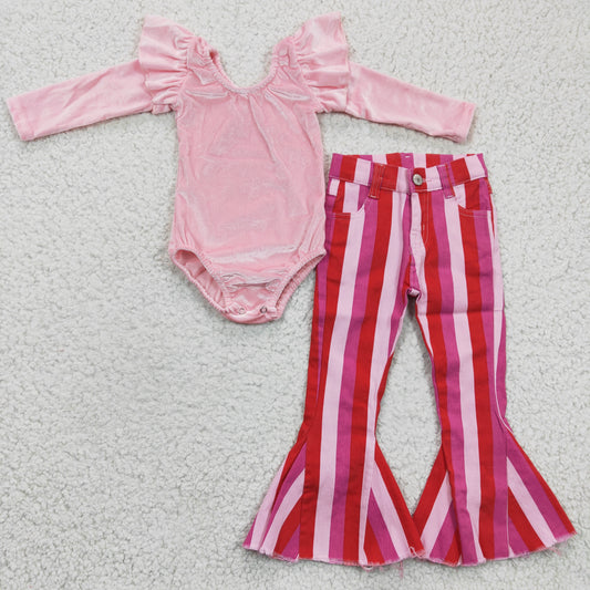 Girls Pink Velvet Outfits Long Sleeves Stripe Jeans