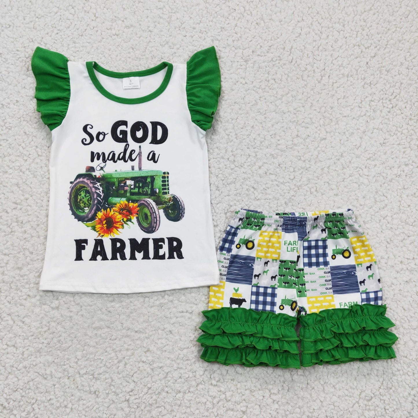 Girls Farmer Green Outfits Short Sleeves Shorts