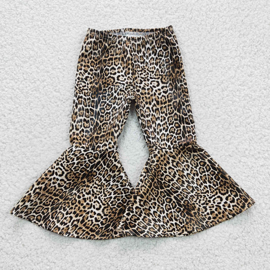 Girls Leopard Bell Bottom Leather Pants