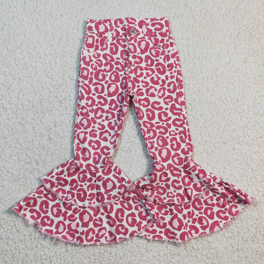 Girls Pink Leopard Jeans Double Ruffles Bell Bottom Pants