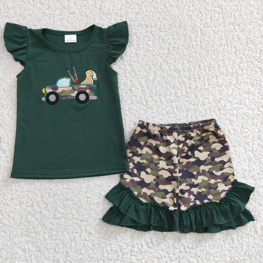 Girls Dog Outfits Short Sleeves Camo Shorts Embroidery