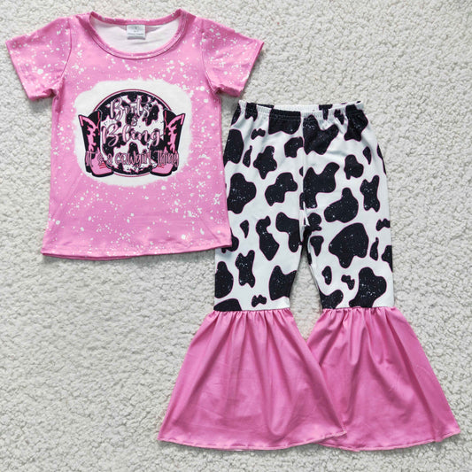 Girls Boots Pink Outfits Short Sleeves Cow Pants