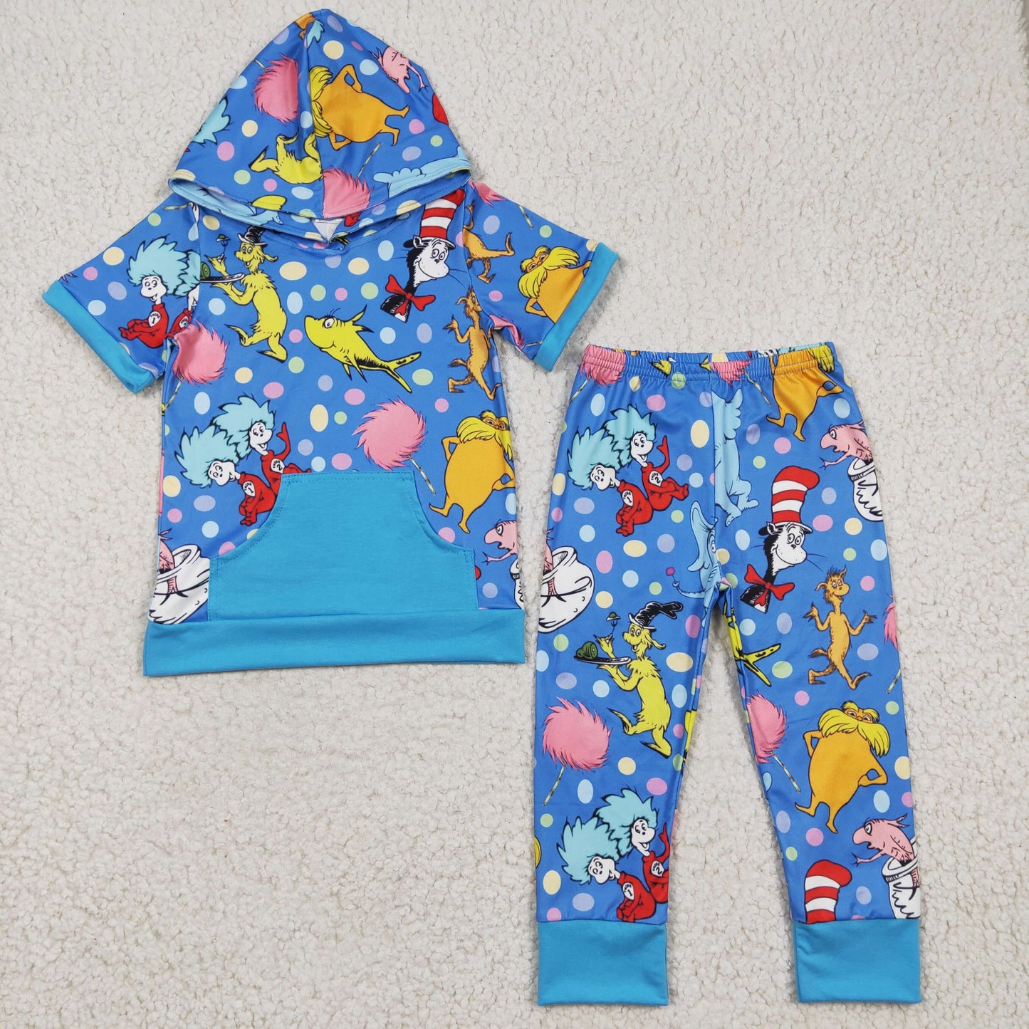 Boys Reading Outfits Short Sleeves Hoodies Blue Pants